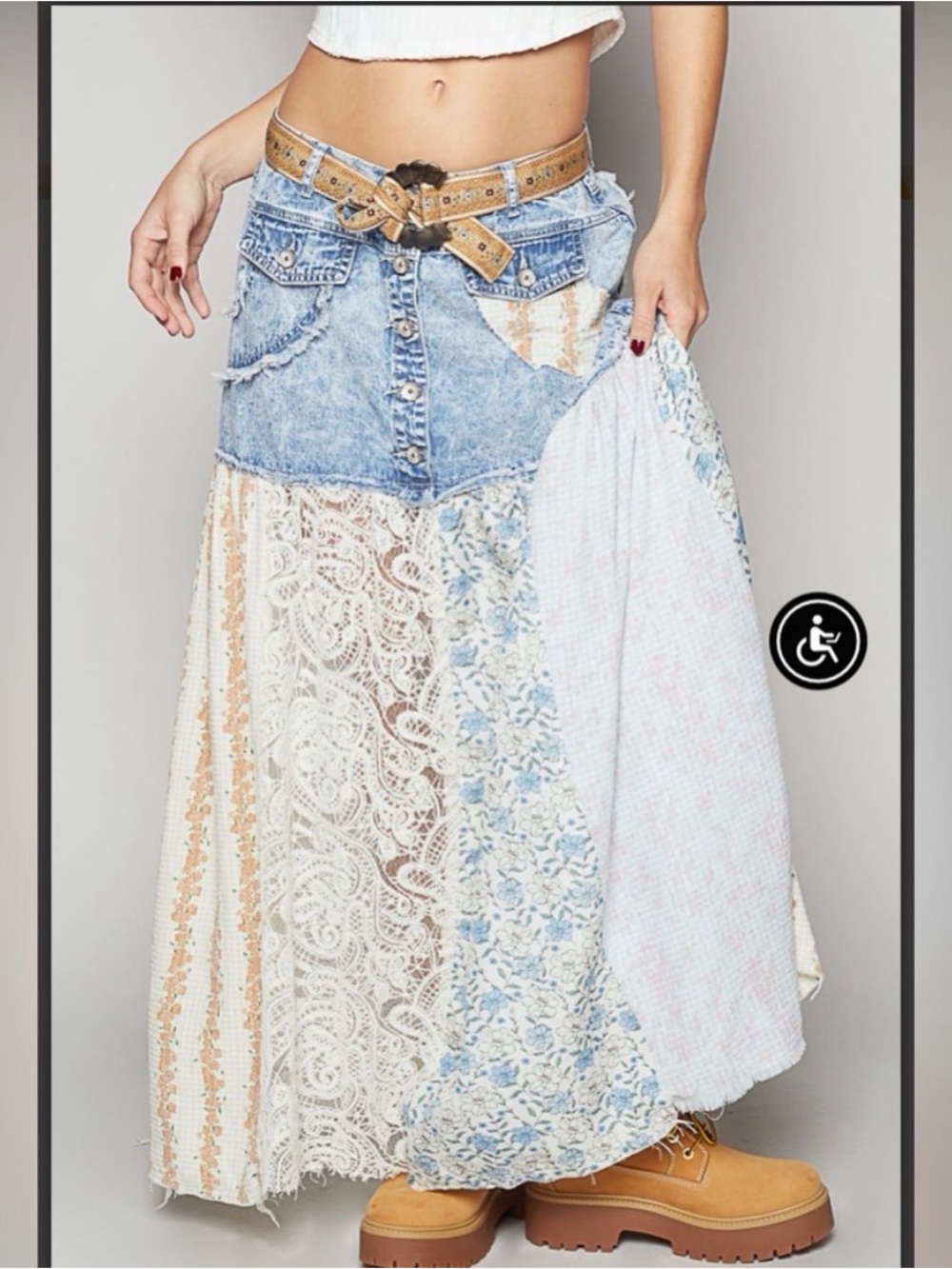 POL GWS20 Patchwork Denim Lace Midi Skirt Boho Cottagecore Prairie Festival
